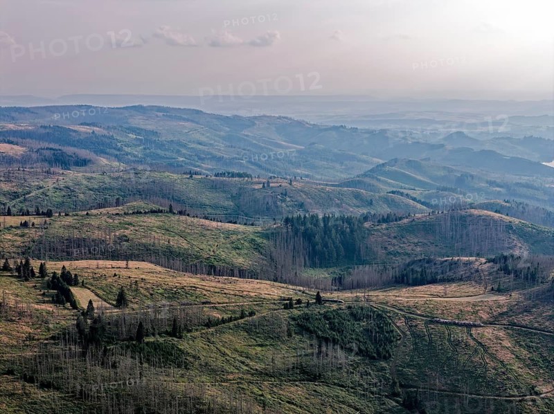 Mountain landscape in the Harz nature park Park. aerial view. Harz, Landkreis Goslar, Lower Saxony, Germany