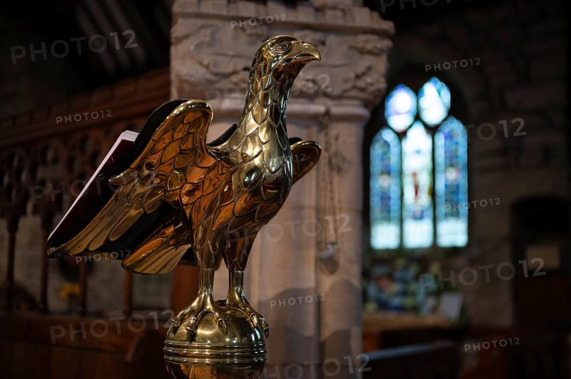 Interior view, brass raptor, eagle lectern, parish church St Just in Penwith, Cornwall, England, Great Britain, Great Britain