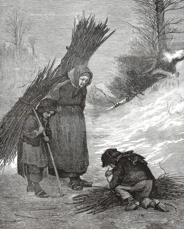 An elderly woman and two children collecting wood in a rural, snowy environment. The work focuses on the hard life and poverty of the French peasantry in the 19th century, illustration, reproduction from a model from the 19th century. Authentic, file restored for optimal use, exact date of submission unknown, historical