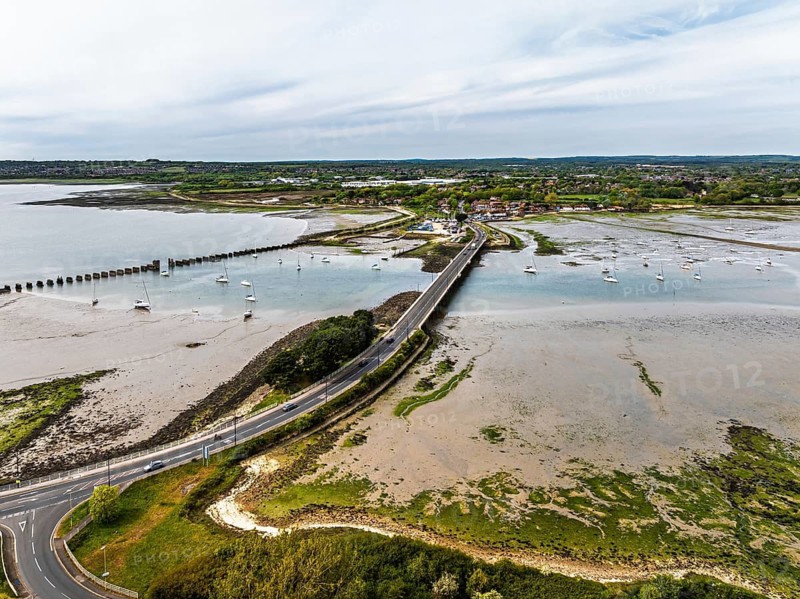 Bridge and Quay on Hayling Island from a dron, Havant, Hampshire, England, United Kingdom