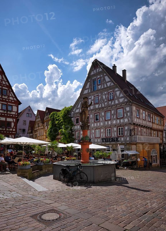 People in restaurants, cafés, market fountain, Dreigiebelhaus, town pharmacy, market square, half-timbered houses, old town, Besigheim an der Enz, Baden-Württemberg, Germany