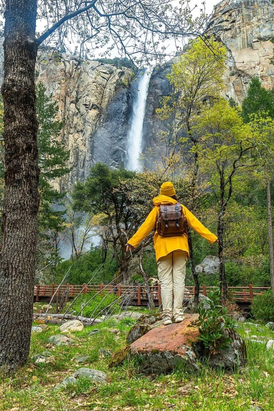Hiker in yellow rain jacket and backpack standing on a rock, enjoying the powerful flow of bridalveil fall cascading down the granite cliffs in yosemite national park, surrounded by lush green trees