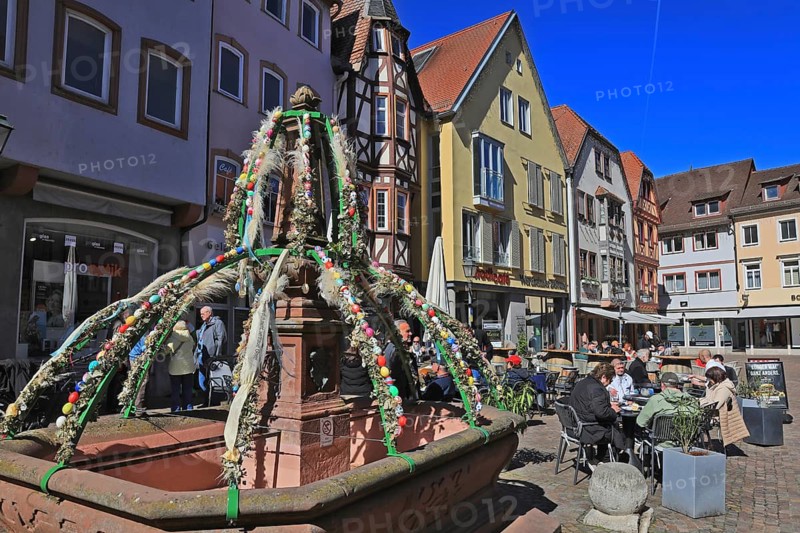 Easter fountain in the old town, Wertheim, Main-Tauber district, Baden-Württemberg, Germany