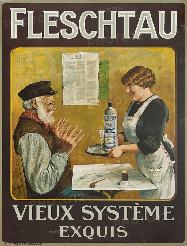 Advertising poster, beverage advertisement, historic Belgian advertising poster for Jenever called Fleschtau. The illustration shows a cozy, tavern-like scenario. A friendly waitress in traditional dress with apron serves a decorative glass bottle of Fleschtau with an elegant stemware on a tray, authentic reproduction of a historical advertising poster, advertising sign, in high resolution