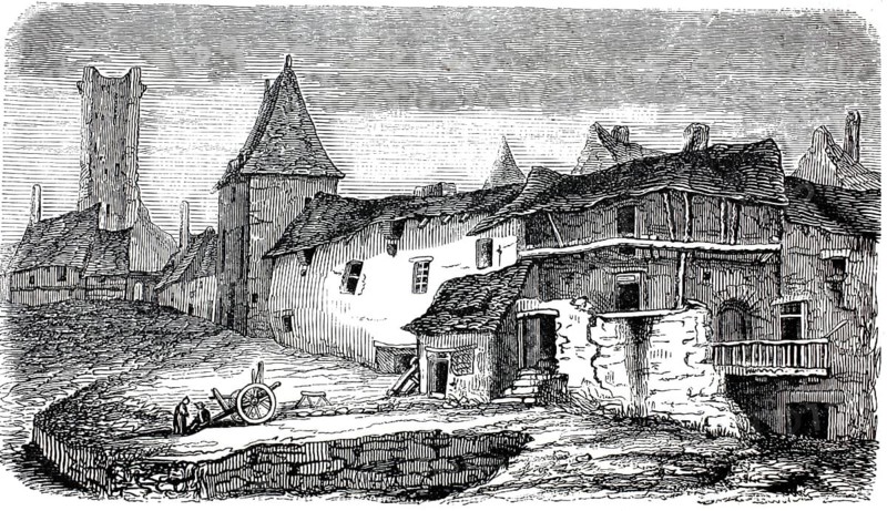 The illustration shows the characteristic medieval city gate of Sainte-Severe, the Porte Fortifiée, with its pointed tower roof as well as the adjacent, nested historic houses and remains of the old fortifications. In the background on the left stands the distinctive ruinous keep from the 13th century, around 1870, France, illustration, reproduction from a model from the 19th century. Authentic, file restored for optimal use, exact date of submission unknown, historical