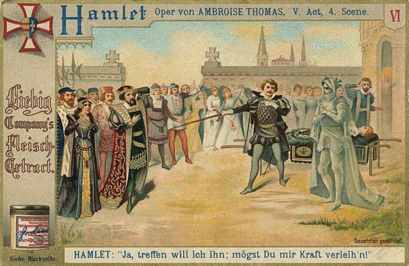 Picture series Hamlet, Hamlet stands with drawn sword in a duel, while a stretcher with a corpse (presumably Ophelia) can be seen in the background, Liebig picture, digitally restored reproduction of a collector's picture from around 1900, exact date unknown