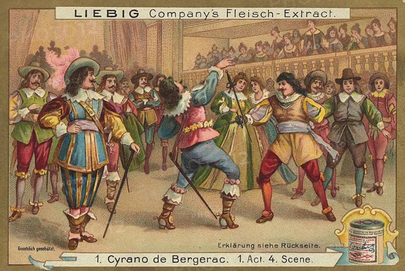 Cyrano de Bergerac picture series, fencing duel in the theatre, Liebigbild, digitally restored reproduction of a collector's painting from around 1900, exact date unknown