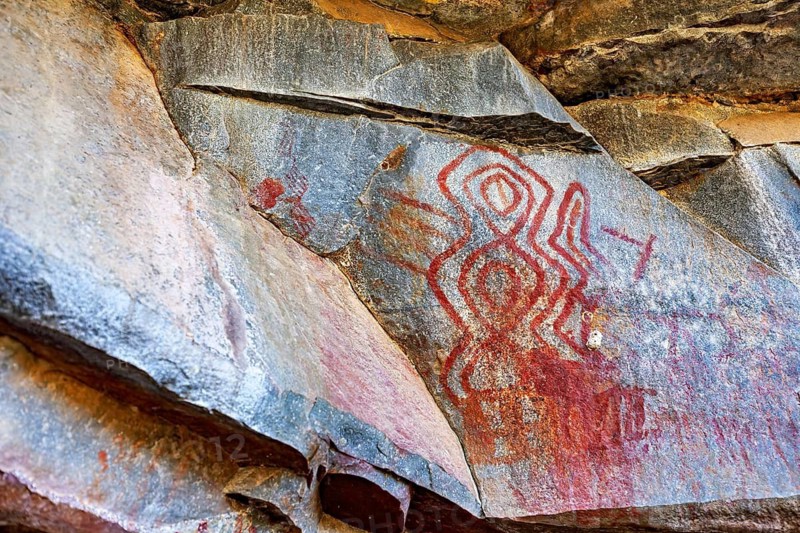 Red geometric pattern with spirals on rough stone, prehistoric rock carvings in the thorny savanna of Caatinga in Brazil