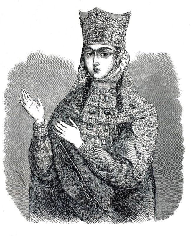 Illustration shows Queen Tamar of Georgia from 1884. Tamar ruled Georgia from 1184 to 1213 and led the country into its golden age. She was the first woman to rule Georgia as queen, authentic, high-resolution reproduction from a 19th-century model, exact date of depiction unknown, historical