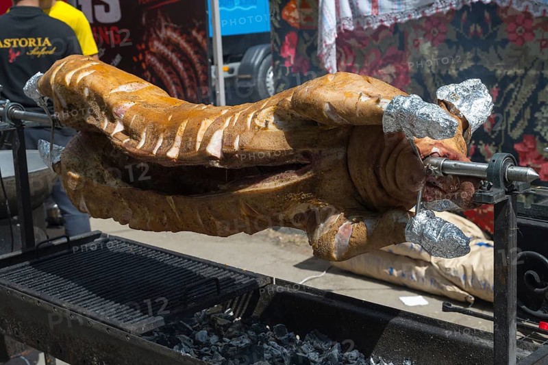 Close-up view of grilled suckling pig on an outdoor grill, folklore festival, Chisinau, Chisinau, Chisinau, Republic of Moldova, Moldova, Eastern Europe