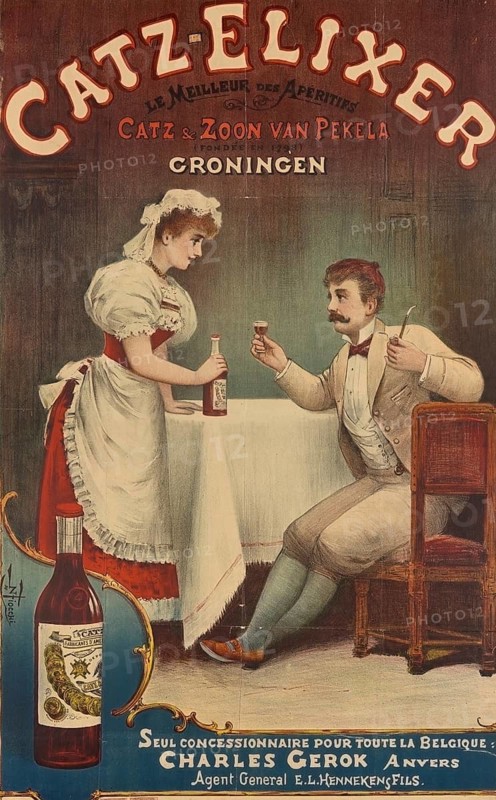 Advertising poster, beverage advertisement, advertising poster for Catz-Elixer, an alcoholic beverage from Groningen, the Netherlands, designed by Swiss artist Eugène Burnand in 1896. Catz-Elixer, marketed as Le Meilleur des Apéritifs, the best aperitif, scene in a café or restaurant, authentic reproduction of a historical advertising poster, advertising sign, in high resolution