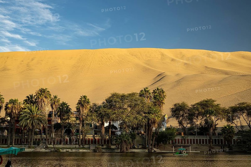 The oasis, Laguna Huacachina with a small lake and palm trees surrounded by sand dunes in the Ica region, coastal desert, southern Peru, Peru, South America