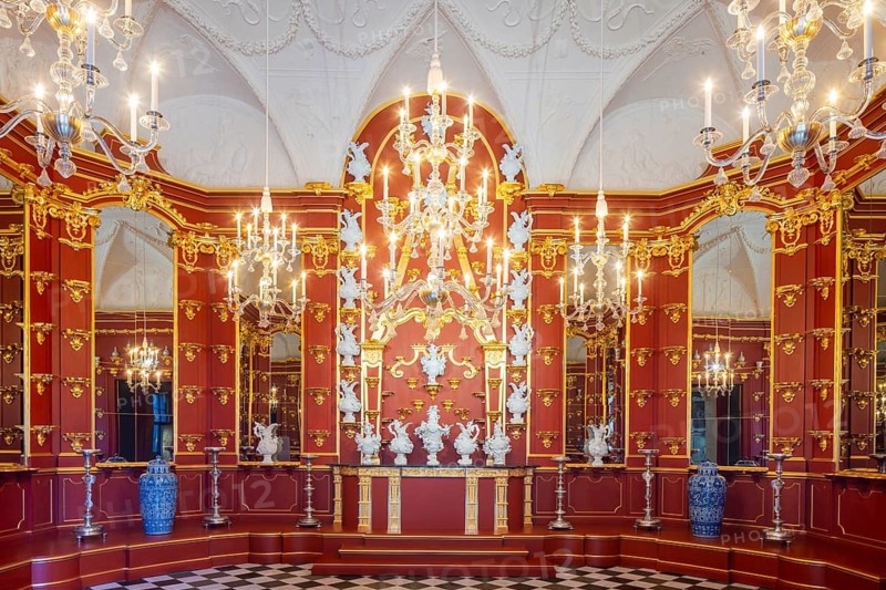 State Rooms in Dresden Residential Palace Historic banqueting halls in the north wing The Proposition Hall (Throne Room) on the 2nd floor of the north wing of Dresden Residential Palace shines in new splendour after its reconstruction, almost 81 years after its destruction. Porcelain cabinet for the element vases by court sculptor Johann Joachim Kändler in the tower room, Dresden, Saxony, Germany