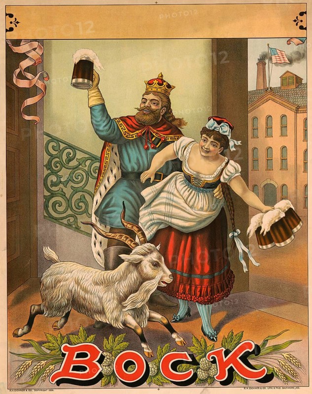Advertising poster, beverage advertisement, advertising poster for bock beer by R.H. Eichner & Co. from 1891. The picture shows a man in royal clothing, a woman in traditional traditional costume and a buck, which is the traditional symbol for bock beer, America, authentic reproduction of a historical advertising poster, advertising sign, in high resolution