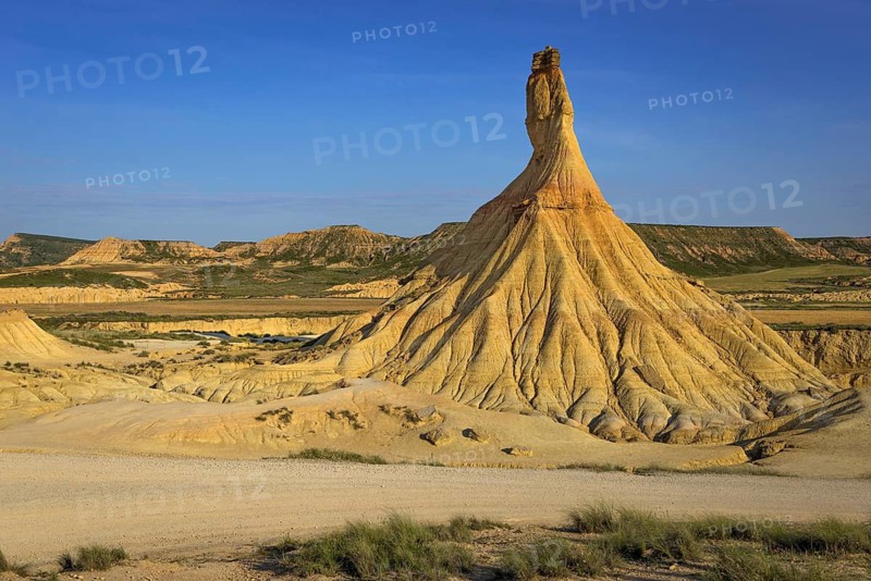 The Castil de Tierra monolith in the morning sun in the Bardenas Reales Natural Park, Navarra, Spain