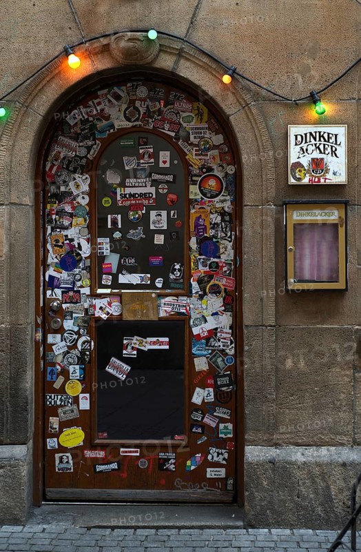 Door, front door, full sticker, logo Dinkelacker Brauerei, trendy pub, tavern, Mata Hari, Stuttgart, Baden-Württemberg, Germany