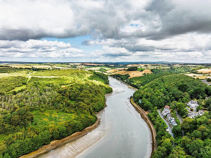 Fields over LOOE and River Looe from a drone, Cornwall, England, United Kingdom