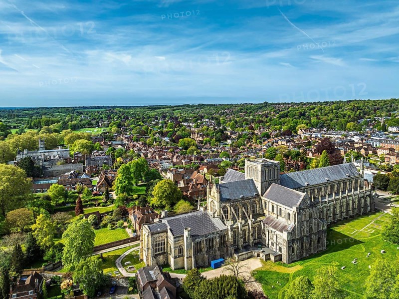 Winchester Cathedral from a drone, Winchester, Hampshire, England, United Kingdom