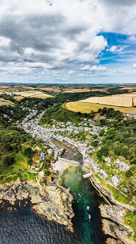 Panorama of Polperro Harbour and Village from a drone, Polperro, Looe, Cornwall, England, United Kingdom