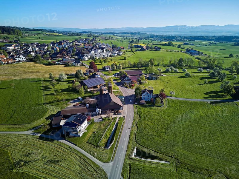 View of the village with Lindenberg in the back, Abtwil, Freiamt, Canton of Aargau, Switzerland