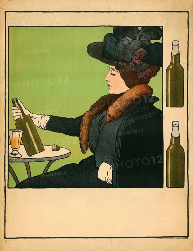Advertising poster, beverage advertisement, poster Beck's Key Beer by Hans Unger from 1897. The Art Nouveau poster shows a woman in a hat and a fur boa sitting at a table and holding a bottle. It was designed as an advertisement for Beck's beer in Germany, authentic reproduction of a historical advertising poster, advertising sign, in high resolution