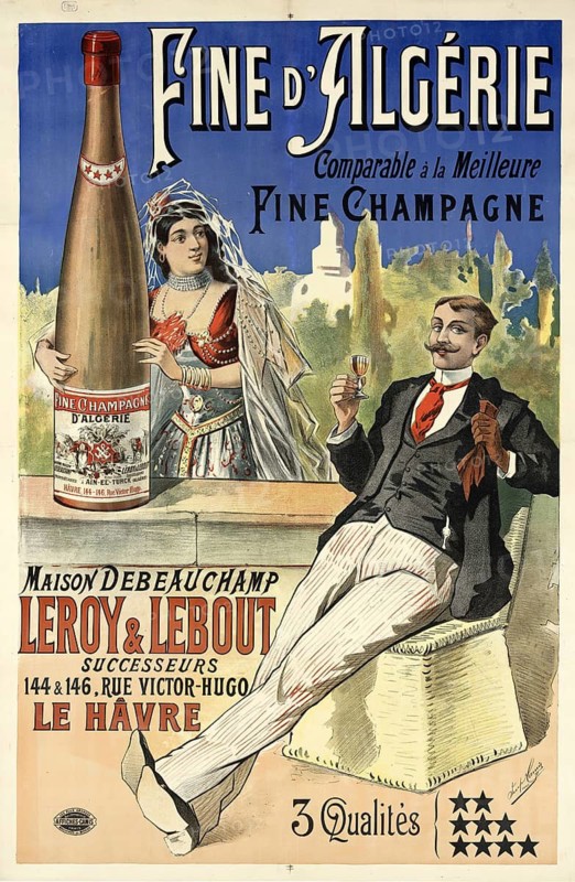 Advertising poster, beverage advertisement, poster from 1898 promotes Fine d'Algérie champagne and shows an elegant woman in oriental clothing next to a man enjoying a drink outdoors, authentic reproduction of a historical advertising poster, advertising sign, in high resolution