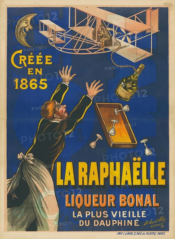 Advertising poster, beverage advertisement, advertising poster for La Raphaëlle Liqueur Bonal from 1908, designed by artist F. Rosetti. The poster shows one of the earliest pictorial representations of a Wright Brothers aircraft in the upper area. The scene humorously illustrates the crash of an airplane while a person tries to catch a bottle of liquor and glasses, authentic reproduction of a historical advertising poster, advertising sign, in high resolution