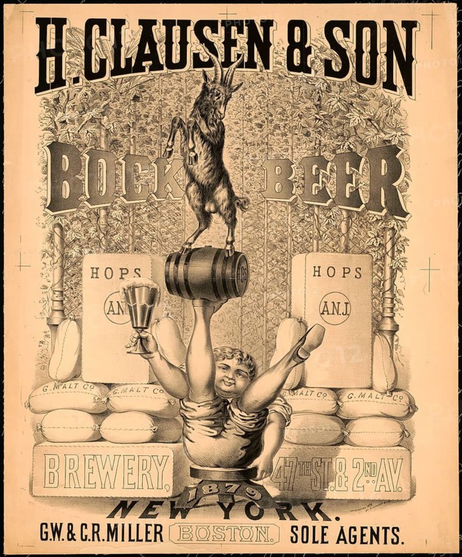 Advertising poster, beverage advertisement, advertising poster for bock beer by H. Clausen & Son from New York, dated 1879. The lithographic design shows a goat balancing on a beer keg carried by a child surrounded by hop plants, authentic reproduction of a historical advertising poster, advertising sign, in high resolution