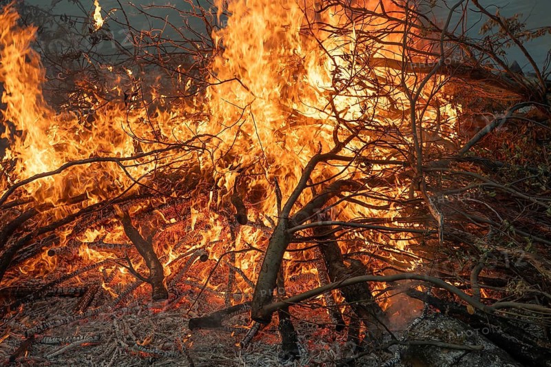 Burning branches with intense flames in a strong fire