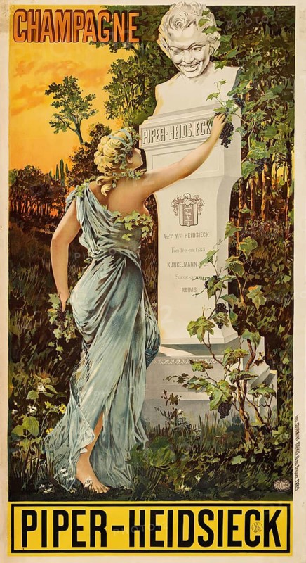 Advertising poster, beverage advertisement, Piper-Heidsieck vintage poster by H. Gray from 1895 depicting a woman in a blue dress decorating a bust with grapes, authentic reproduction of a historical advertising poster, advertising sign, in high resolution