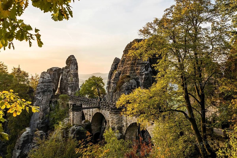 Saxony, Saxon Switzerland, Germany, autumn leaves, rocks, autumn, sandstone, Bastei bridge, sunset, Elbe Sandstone Mountains, bizarre rock forms, Saxon Switzerland, Saxony, Federal Republic of Germany