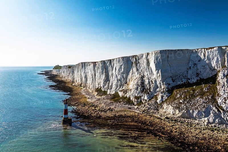 Beachy Head Lighthouse from a drone, Beachy Head Cliffs, English Channel, East Sussex, England, United Kingdom