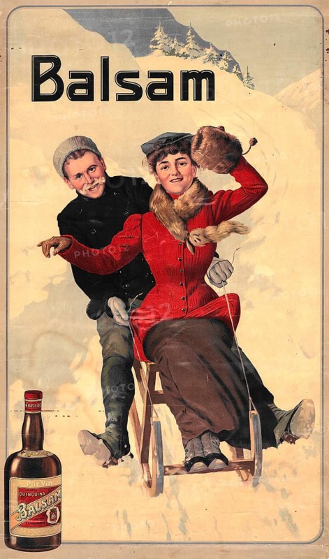 Advertising poster, beverage advertisement, antique Belgian advertising poster for balm aperitif liqueur by De Beukelaer from Antwerp, which was created around 1910, Belgium. The advertised liqueur is shown as Pur Vin Quinquina balm at the bottom left. Quinquina is a traditional aperitif wine with quinine and quinine. Poster showing a couple in warm winter clothing sledding together against a snowy mountain backdrop, authentic reproduction of a historic advertising poster, advertising sign, in high resolution