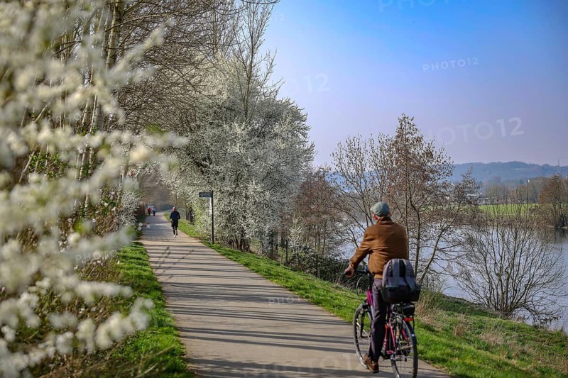 Hattingen, North Rhine-Westphalia, Germany - Landscape on the Ruhr, cyclists and walkers on the Ruhr Promenade Winz-Baak with Ruhr Valley Cycle Path
