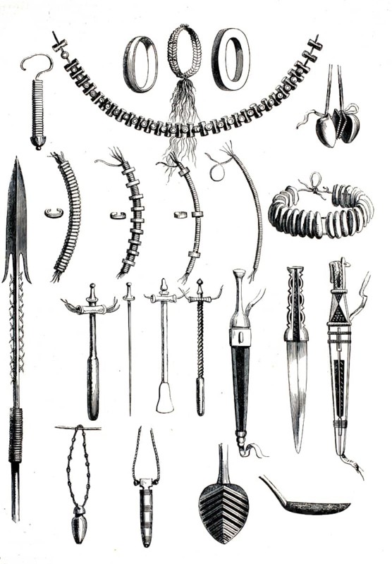 Overview of African cultural and everyday objects around 1860. Various necklaces, bracelets, including animal teeth or metal rings, earrings and hair accessories with cords and tassels. Lance tips, daggers, knives and magnificent blades from the Korana tribe, often referred to historically as Hottentots from the Kora tribe, from southern Africa, 1860, authentic, high-resolution reproduction from a 19th century original, exact date of presentation unknown, historical