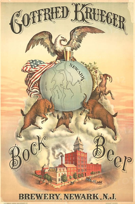 Advertising poster, beverage advertisement, poster of the Gotfried Krüger brewery in Newark, N.J., promotes bock beer and dates from 1886. The design shows an American bald eagle enthroned over a globe and fighting bucks that give beer its name, authentic reproduction of a historical advertising poster, advertising sign, in high resolution