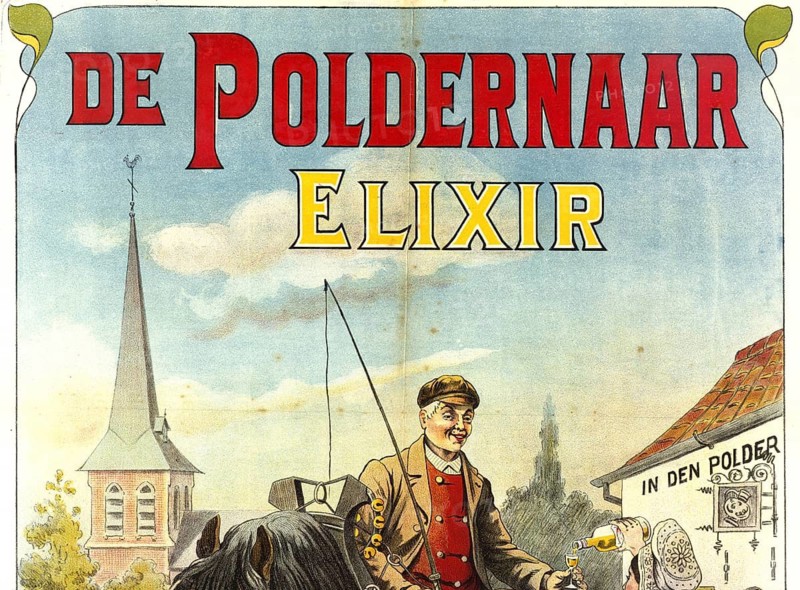 Advertising poster, beverage advertisement, poster promotes De Poldernaar Elixir, a spirit from the distillery of the same name in Antwerp, Belgium. The distillery was founded in 1903 by Felix van Rillaer and produced its own genever and liqueurs. Scene shows a man in traditional clothing pouring a glass with a windmill and a church in the background, authentic reproduction of a historical advertising poster, advertising sign, in high resolution