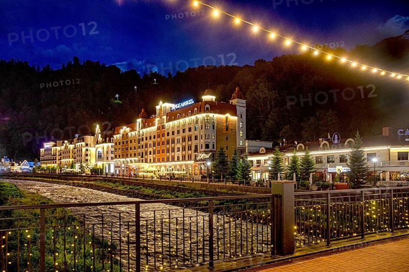 Hotels in the evening, Rosa Khutor. Sochi. Russia