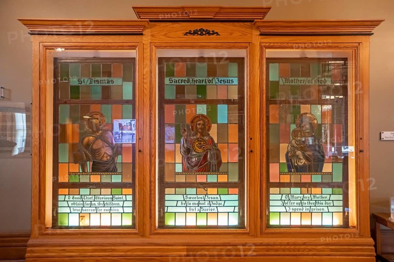 Mansfield, Ohio - Stained glass windows from the Ohio Penitentiary in Columbus, on display at the Ohio State Reformatory. The Reformatory, closed since 1990, now offers daily tours, and has been the site of many films