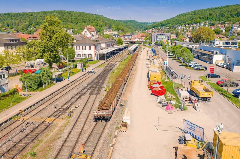 Aerial view of a train station with parallel tracks and surrounding buildings, electrification of the Hochrheinbahn, conversion of the station, Waldshut, Tiengen, Germany