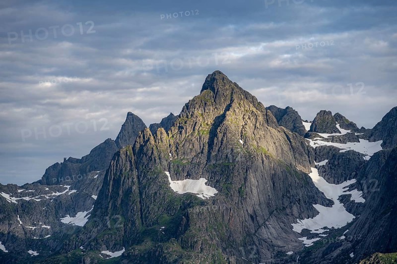 Mountain peaks in morning light at Raftsund fjord, Vesterålen, Norway
