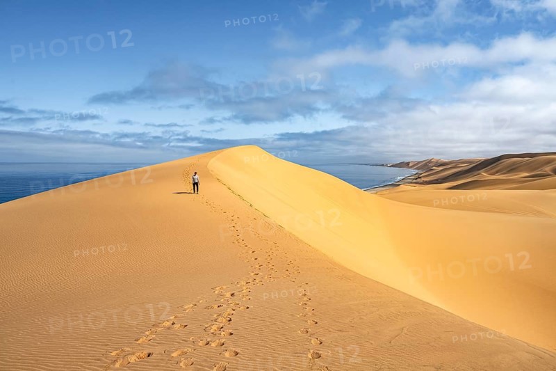 Woman running in dunes, sand dunes and sea in morning light, Atlantic coast and sandy desert with sea of dunes, Sandwich Harbour, Namib Naukluft Park, Namib Desert, Namibia