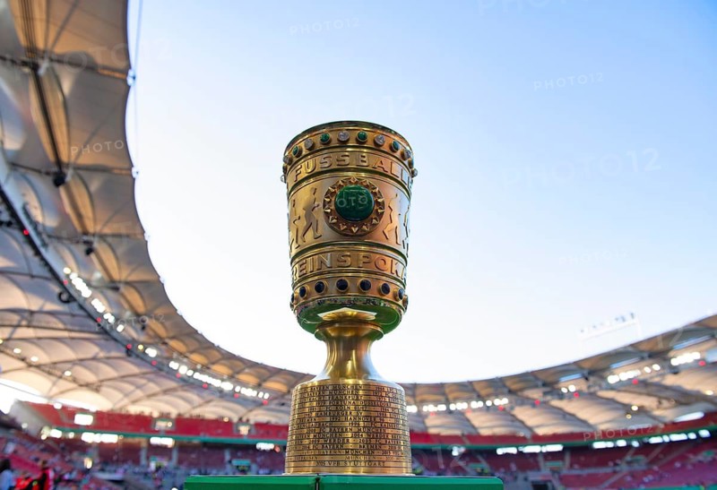DFB-Pokal, trophy on podium, soccer Bundesliga, DFB-Pokal, MHPArena, MHP Arena Stuttgart, Baden-Württemberg, Germany