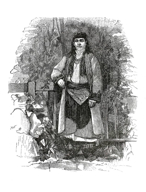 Albanian woman from the Mirdita region, depicted in traditional traditional costume from the 19th century, 1860, authentic, high-resolution reproduction from a 19th century model, exact date of depiction unknown, historical