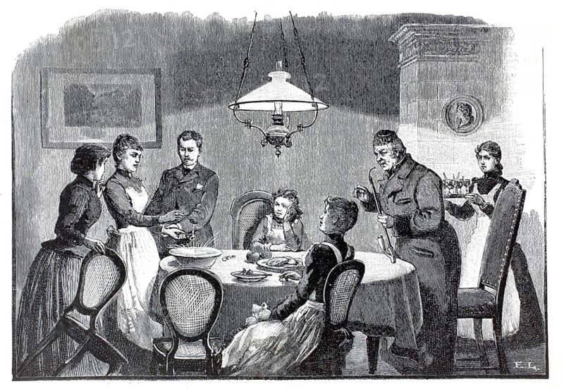 Lead casting, a social group in which molten lead is traditionally formed in cold water to predict the future, 1890, illustration, reproduction from a 19th-century model. Authentic, file restored for optimal use, exact date of submission unknown, historical