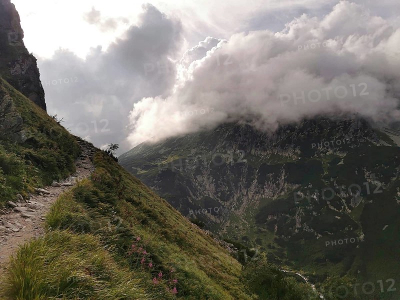 A narrow mountain trail leads along a grassy slope under dramatic clouds, hiking in the High Tatras National Park, Carpathian Mountains, Poland
