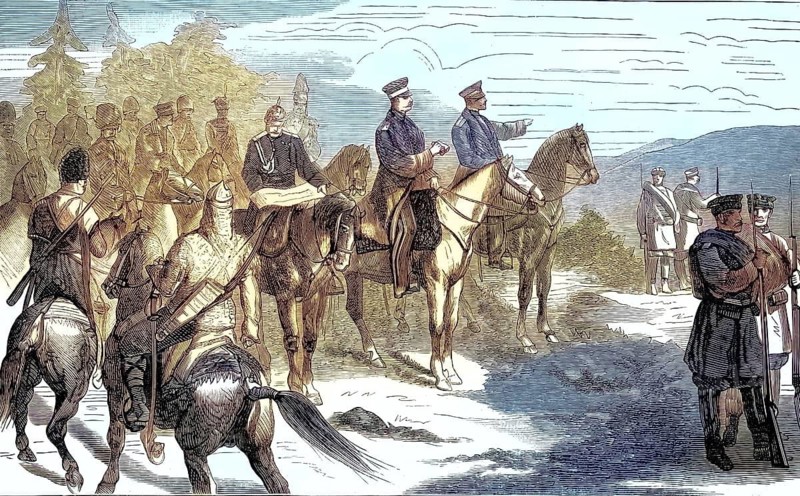 Russo-Ottoman War (1877–1878) . Cavalry of the Caucasus Army, under the supreme command of Grand Duke Nikolai Nikolayevich the Elder (1831–1891), illustration, reproduction of a 19th-century original. Authentic, file restored for optimal use, exact date of the original unknown, historical, nostalgically coloured