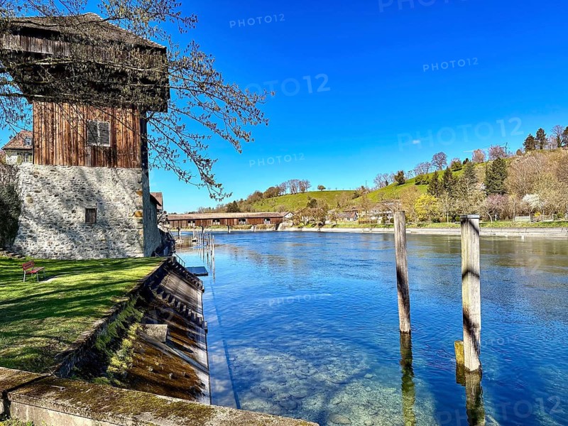 Quiet riverbank with historic buildings and trees in a rural area, Diessenhofen, Canton of Thurgau, Switzerland