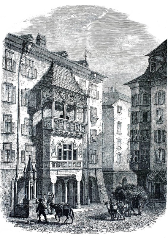 The Golden Roof in Innsbruck, a famous landmark with a distinctive porch, 1850, Austria, authentic, high-resolution reproduction from a 19th century model, exact date of depiction unknown, historical