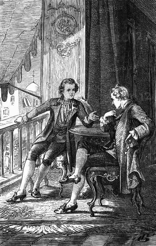 Count and Prince talking, Friedrich Schiller, chronicle of the Thirty Years' War, stories and estate, castle, history, historian, poet, writer, history of war, Europe, Holy Roman Empire, confessional war, religious war, politics, power struggle, emperors, imperial estates, Protestantism, Catholicism, Peace of Westphalia, Tilly, battles, diplomacy, 17th century, Enlightenment, historical source, literature, German cultural heritage, analysis, historical illustration 1876